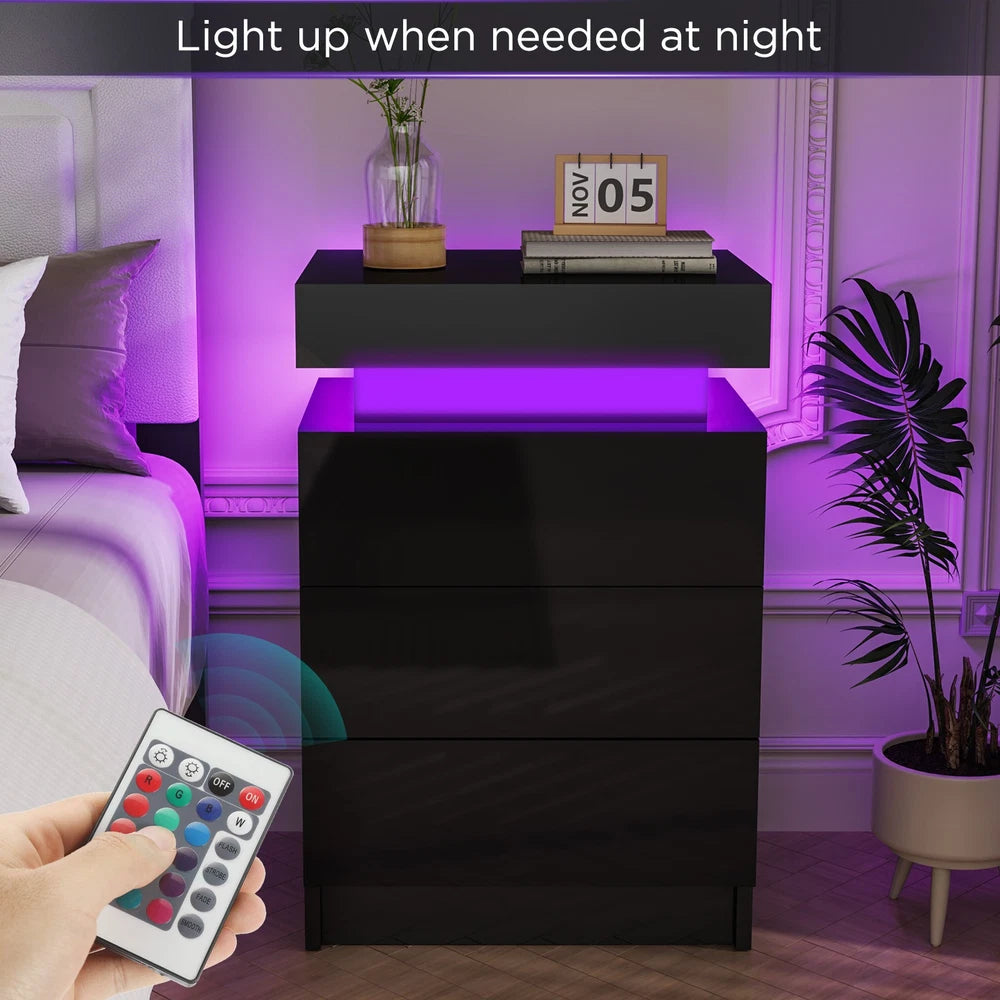High Gloss 2/3 Drawer Bedside Table Cabinet LED RGB Light Storage Nightstand