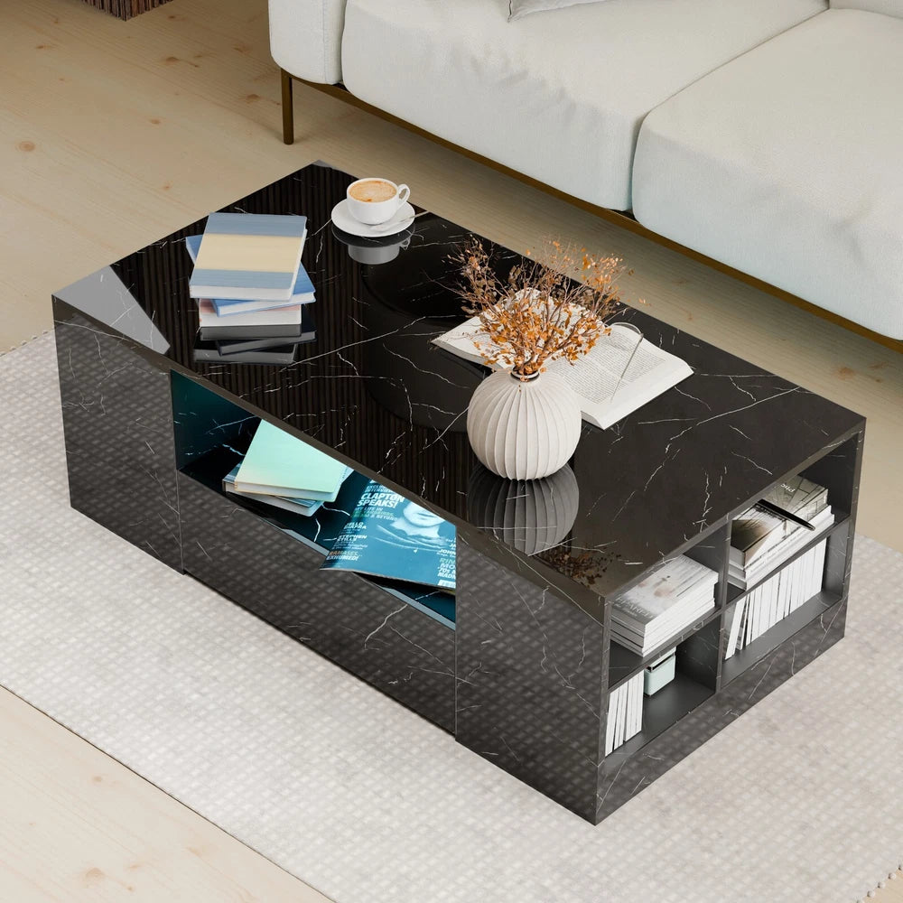 LED Coffee Table Wooden 2 Drawer Storage High Gloss Modern Living Room Furniture