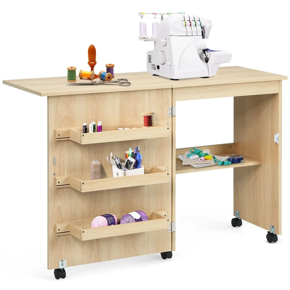 Folding Sewing Table 2 IN 1 Rolling Craft Table Office Desk Workstation