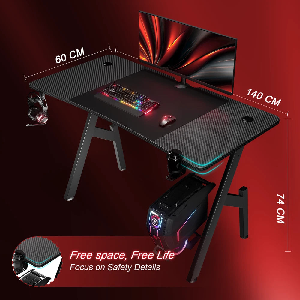 Gaming Desk Computer Gaming Table w/ Mouse Pad Cup Holder & Headphone Hook Black