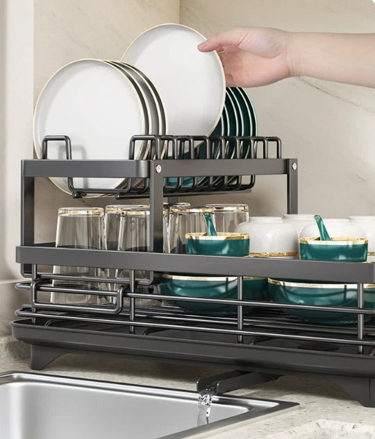 2 Tier Dish Drainer Rack Cutlery Holder Plate Rack Kitchen Sink with Drip Tray