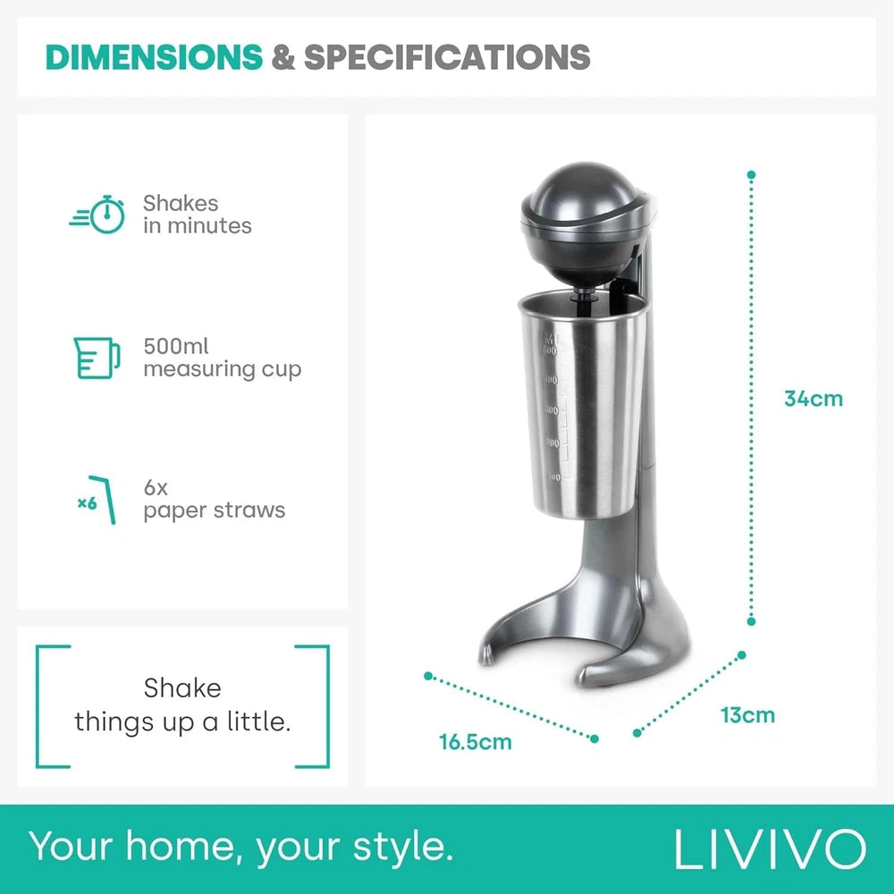 LIVIVO 100W Retro Milkshake Maker 500ml Stand Mixer for Cold Drinks Silver
