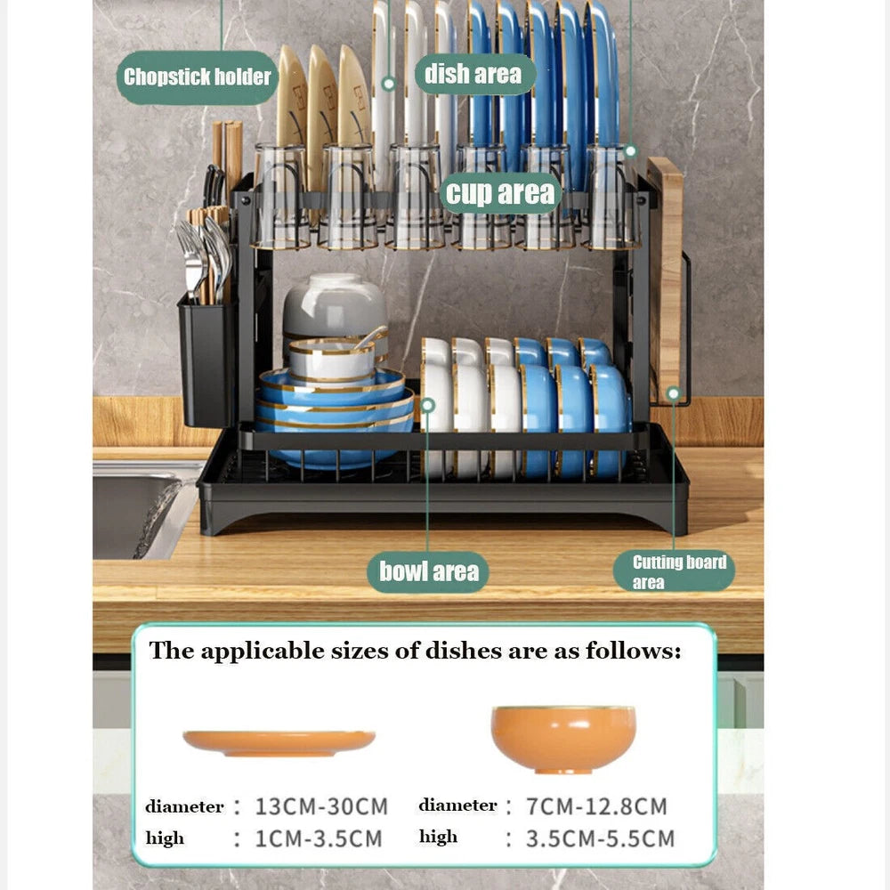 2 TIER KITCHEN SINK DISH DRAINER RACK WITH DRIP TRAY CUTLERY HOLDER PLATE RACK