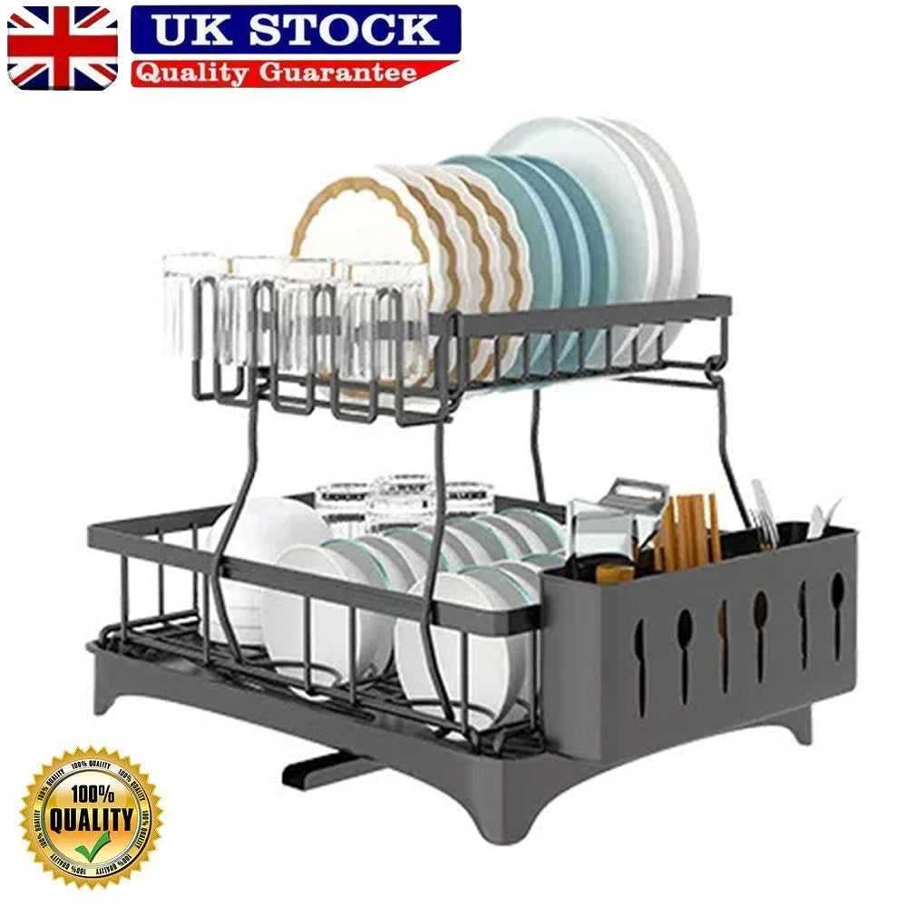 2 TIER KITCHEN SINK DISH DRAINER RACK WITH DRIP TRAY CUTLERY HOLDER PLATE RACK