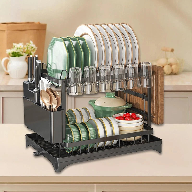 2 TIER KITCHEN SINK DISH DRAINER RACK WITH DRIP TRAY CUTLERY HOLDER PLATE RACK