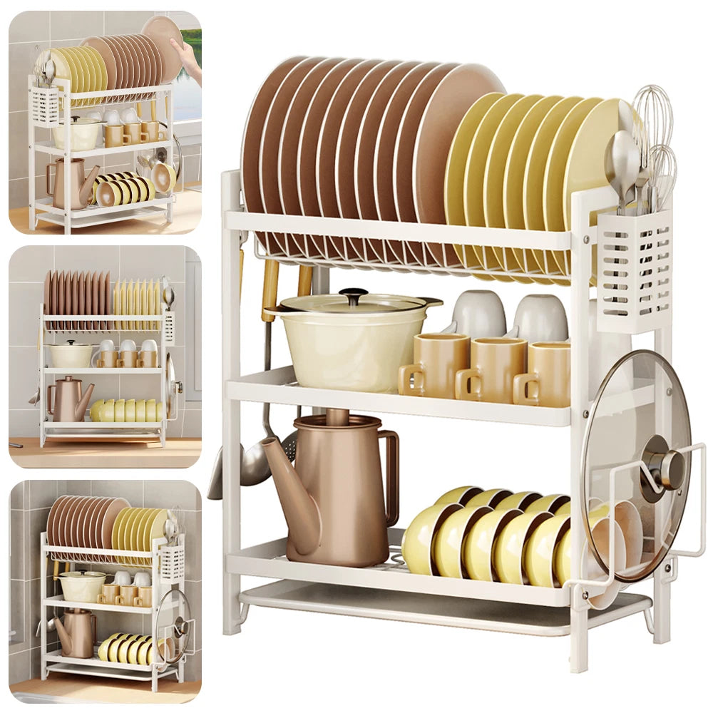 3 TIER KITCHEN SINK DISH DRAINER RACK WITH DRIP TRAY CUTLERY HOLDER PLATE RACK
