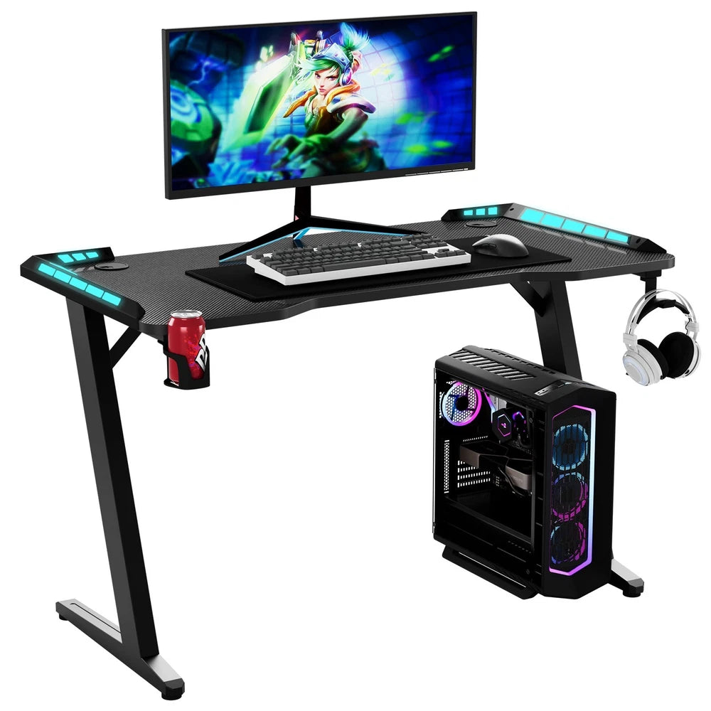 Gaming Desk LED RGB Computer Table Workstation w/ Cup Holder & Headphone Hook