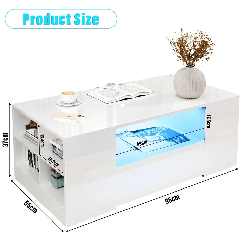 LED Coffee Table Wooden 2 Drawer Storage High Gloss Modern Living Room Furniture