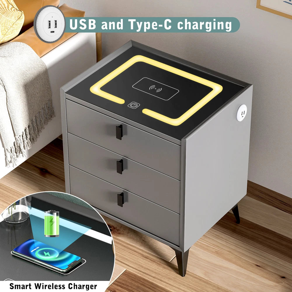 3 Drawers LED Bedside Table Wireless Charging Nightstand Bedside Cabinet Grey