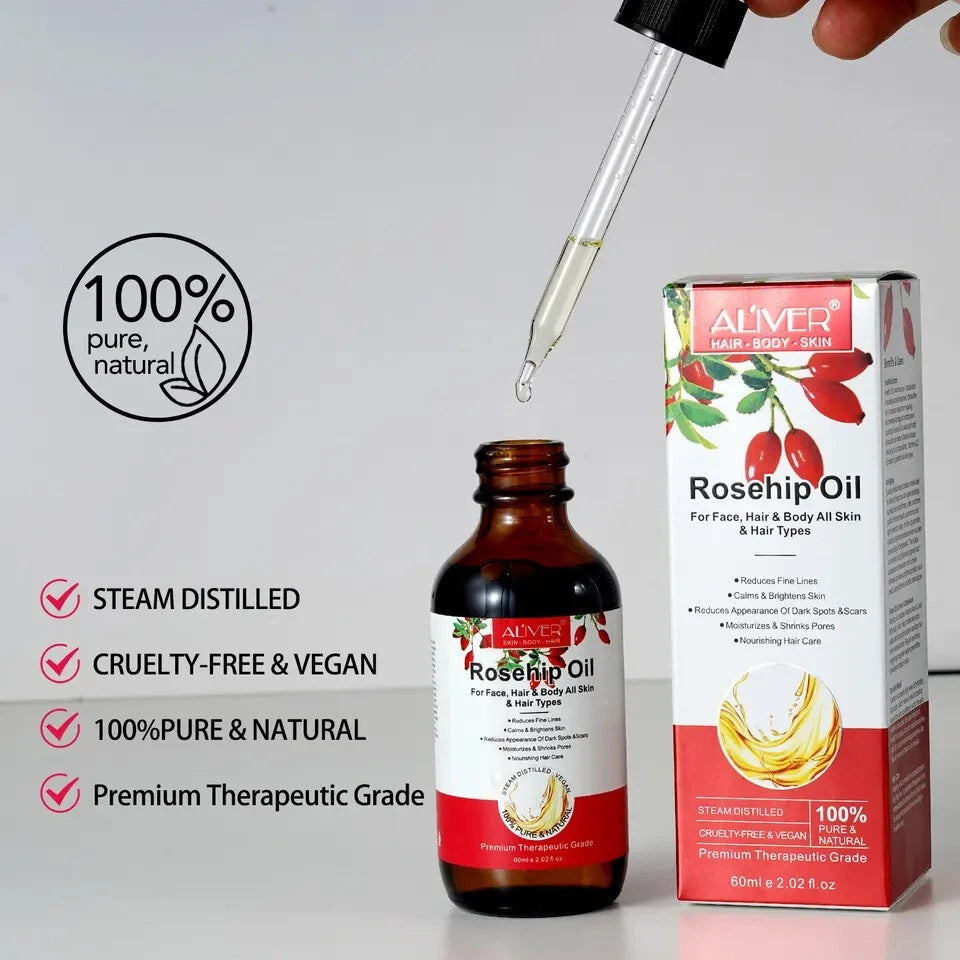 Rosehip Oil, 100% Pure & Natural Cold Pressed Pure Rose Hip Best Facial Oil 60ml