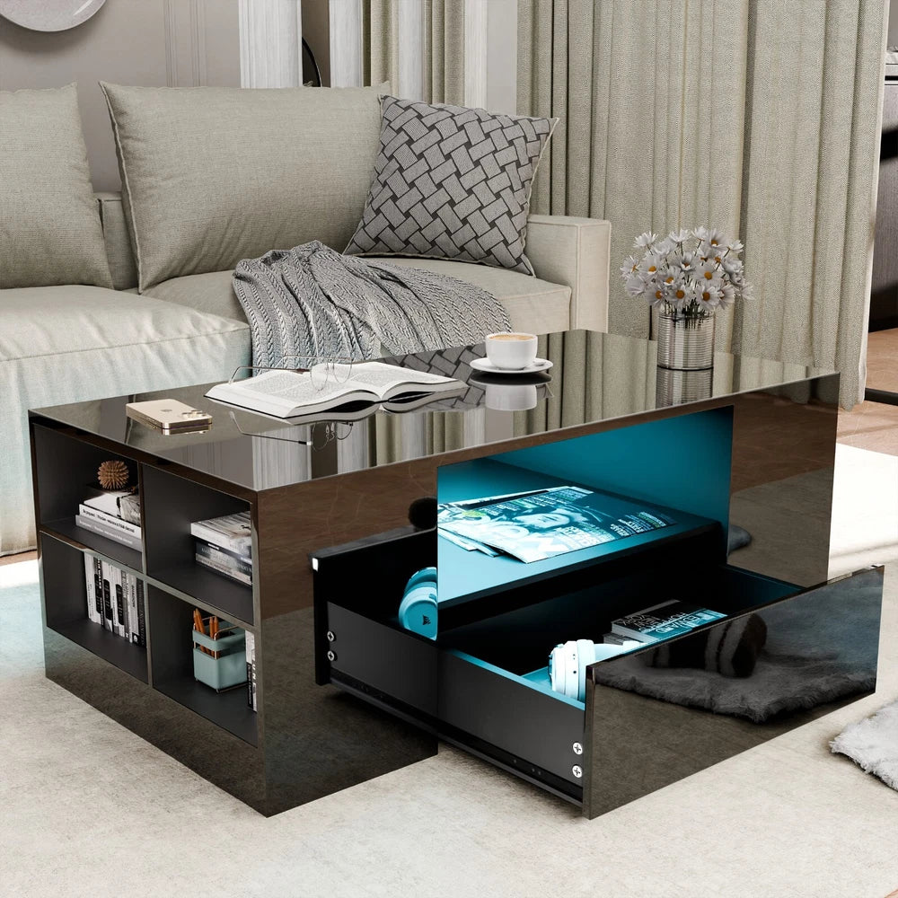 LED Coffee Table Wooden 2 Drawer Storage High Gloss Modern Living Room Furniture