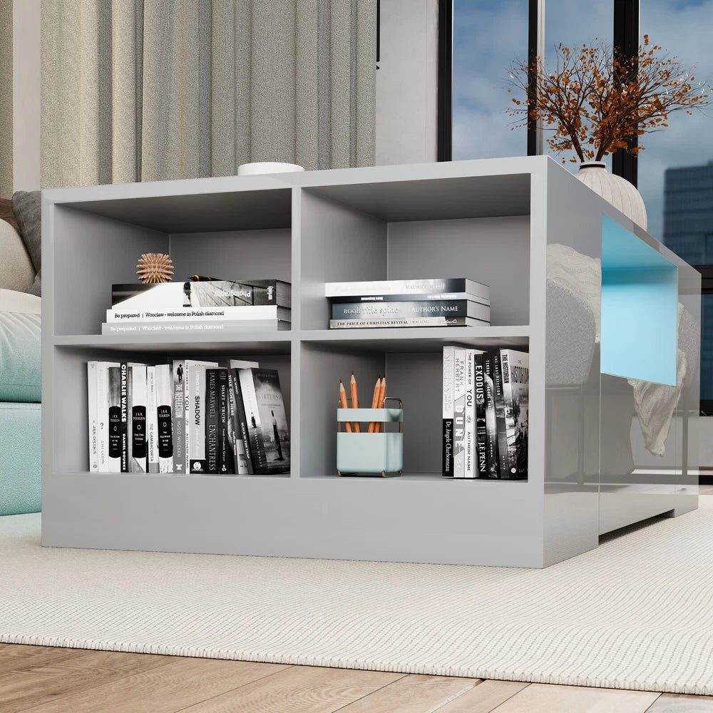 LED Coffee Table Wooden 2 Drawer Storage High Gloss Modern Living Room Furniture