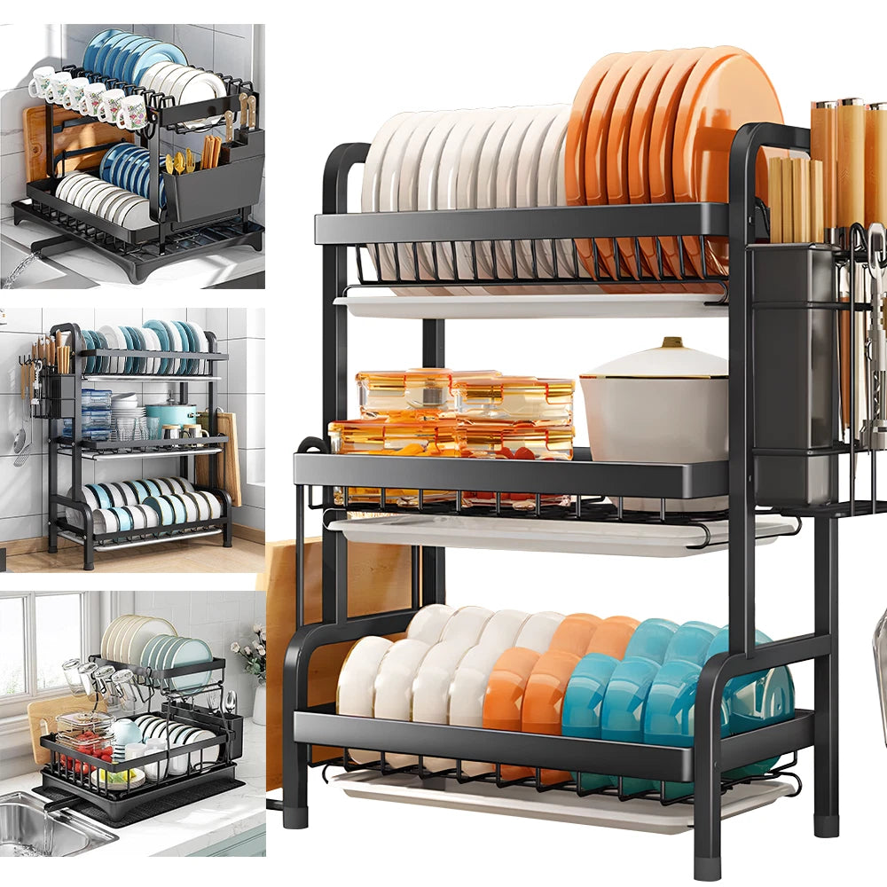 2/3 Tier Kitchen Sink Dish Drainer Rack With Drip Tray Cutlery Holder Plate Rack