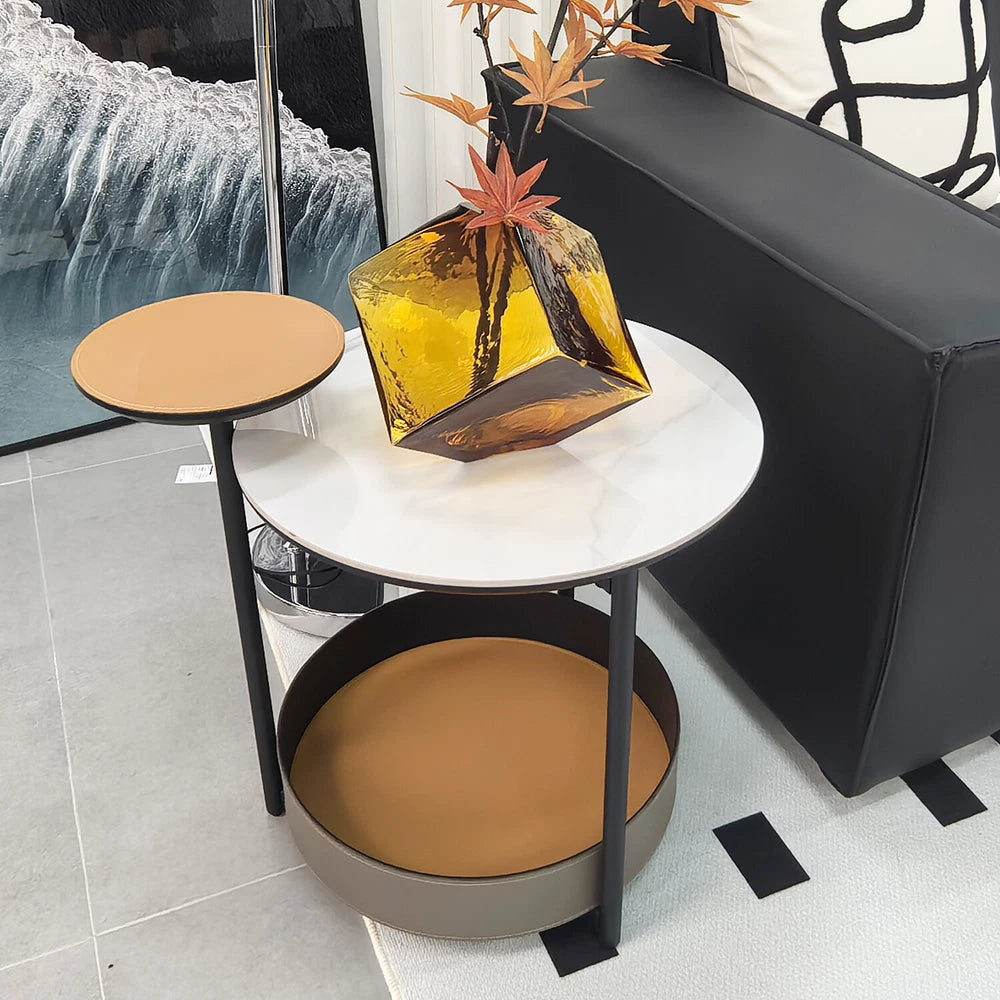3Tier Side End Table Accent Couch Beside Table with Leather Tray Top Metal Frame