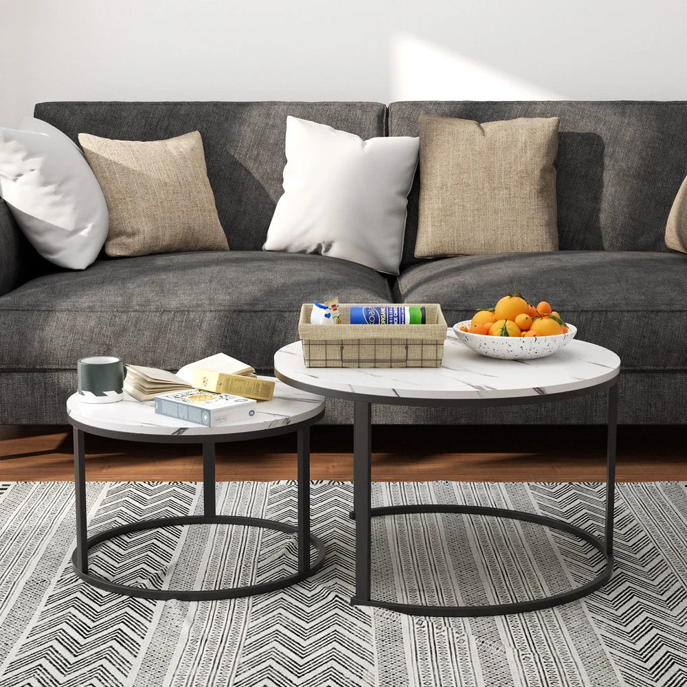 Set of 2 Nested Coffee Table Marble Effect Nesting Sofa Side Table Living Room