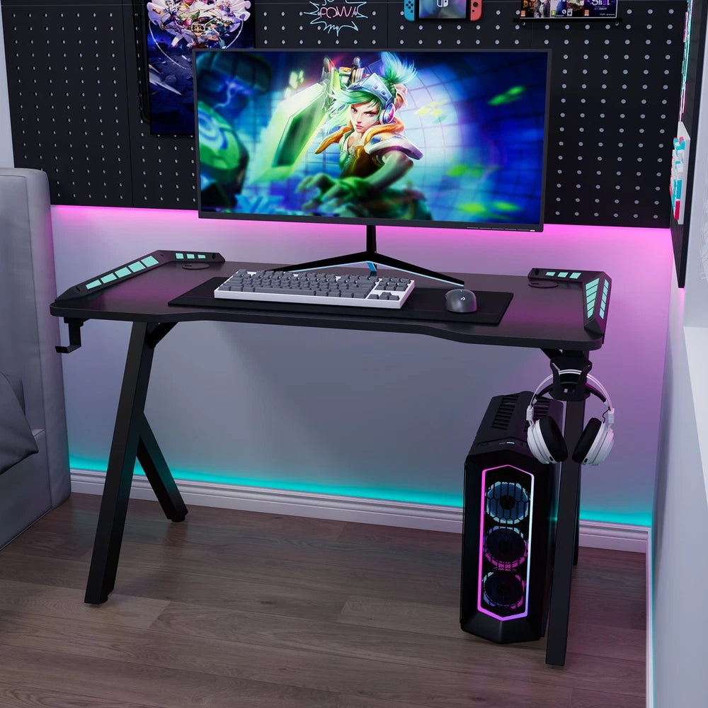 Gaming Desk LED RGB Computer Table Workstation with Cup Holder & Headphone Hook