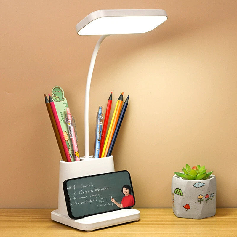 LED Desk Lamp Pen Phone Holder USB Rechargeable Bedroom Reading Light Dimmable