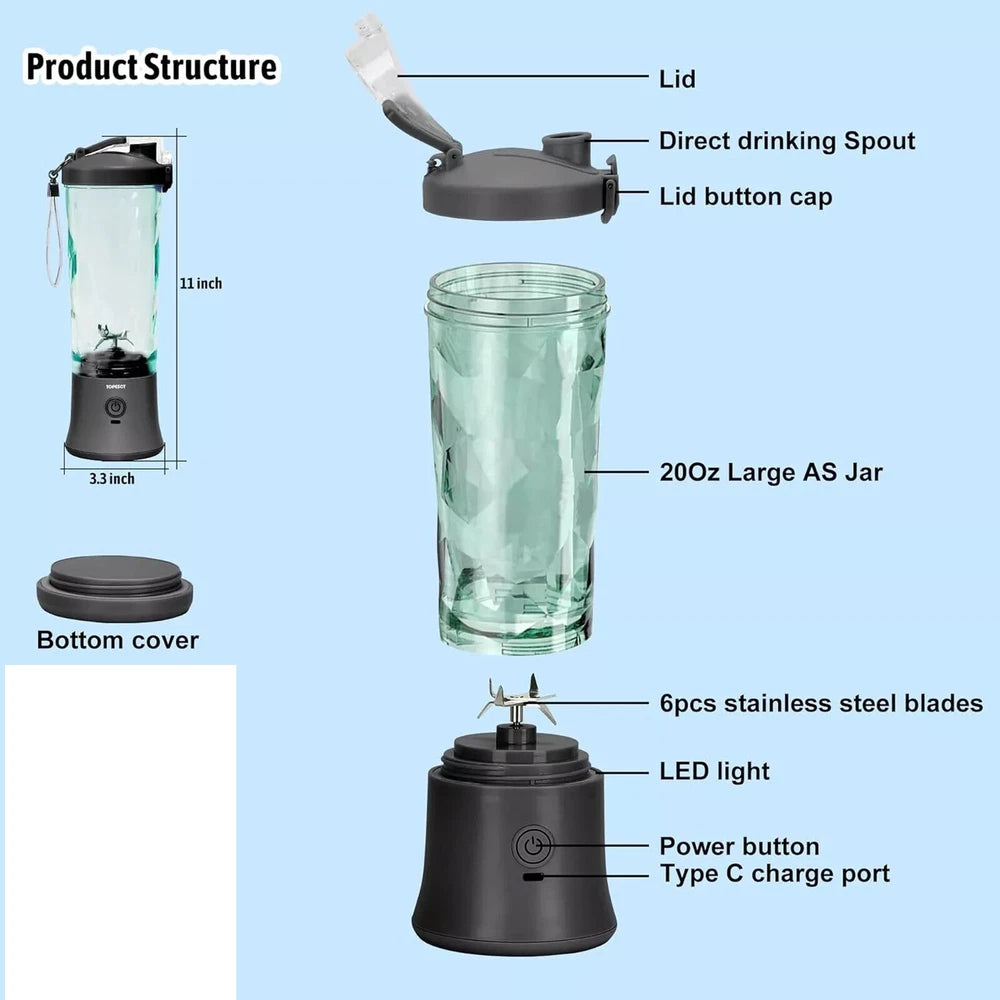 600ML Portable Blender Personal Blender for Shakes Smoothie Maker Fruit Juicer