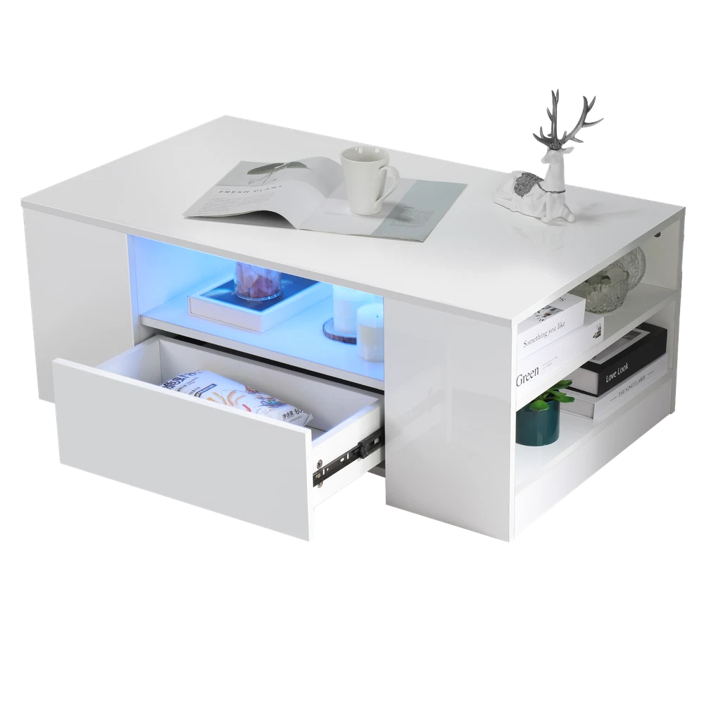 High Gloss LED Coffee Table With Storage Wooden 2 Drawer Living Room Furniture