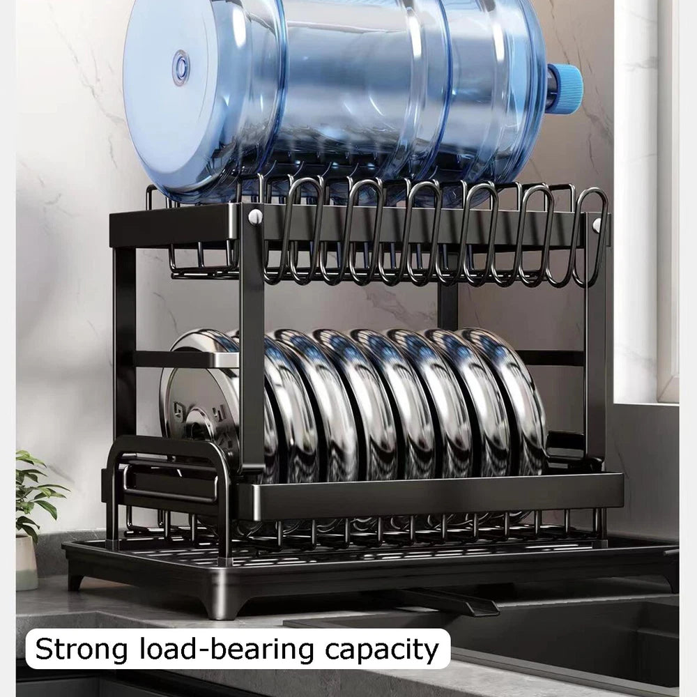2 Tier Dish Drainer Rack with Drip Tray Cutlery Holder Plate Racks Kitchen Sink