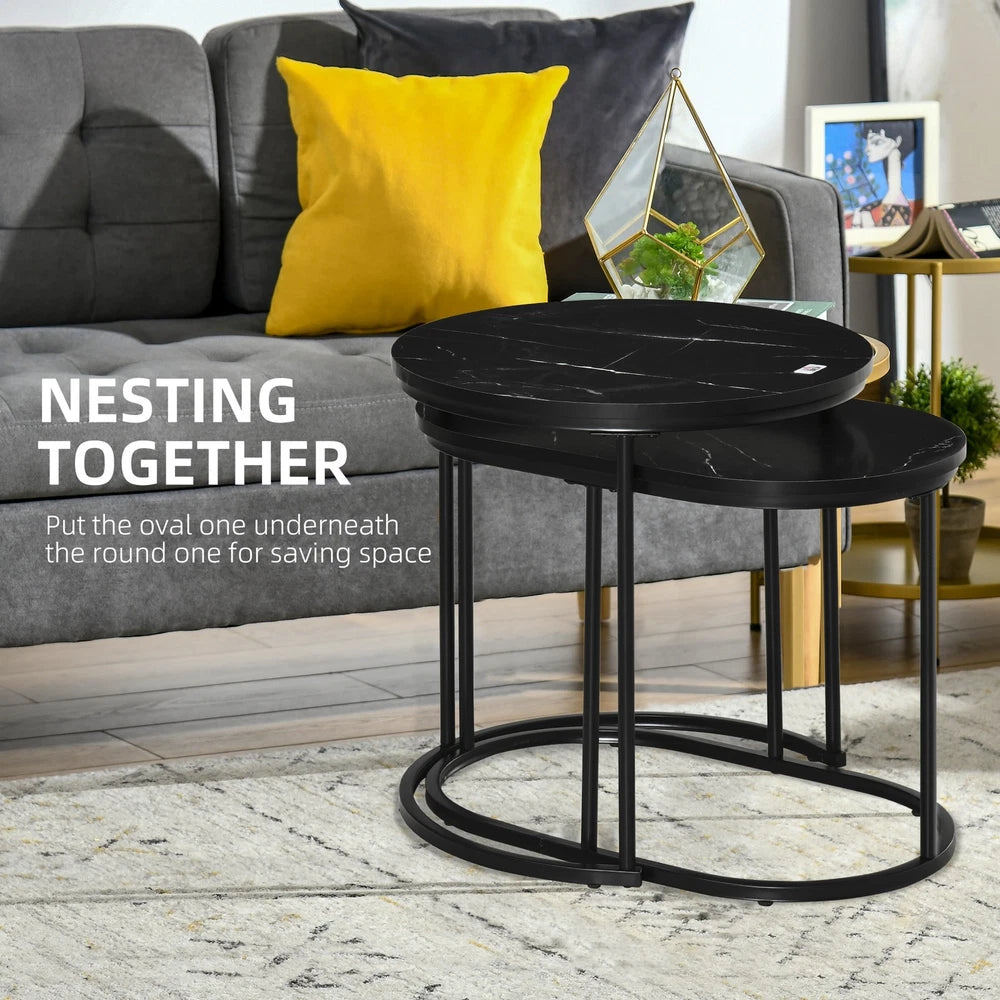 Coffee Table Set of 2 Modern Nest of Tables with Faux Marble Tabletop Black