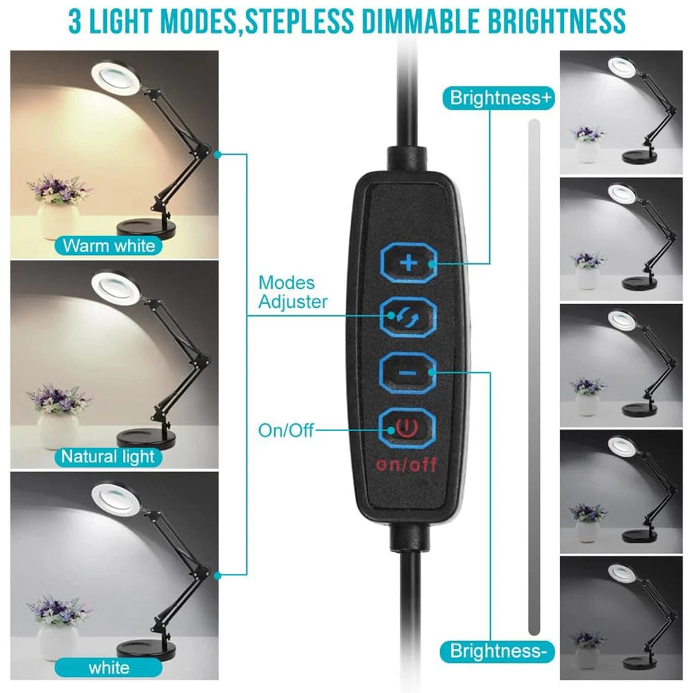 10X LED Magnifier Glass Desk Lamp With Light Stand Clamp Beauty Magnifying Lamp