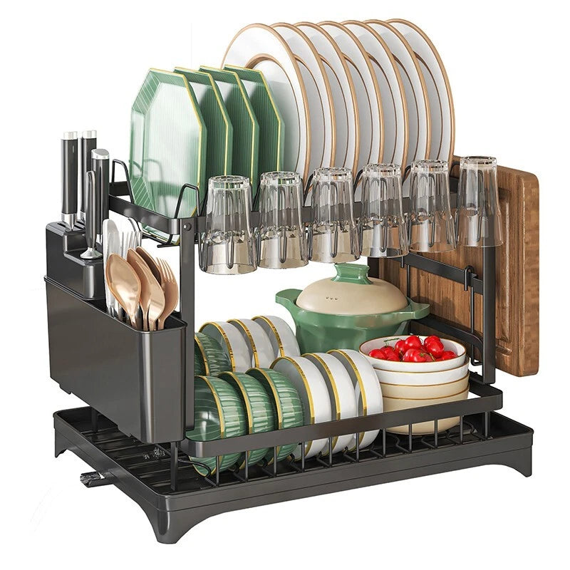 2 TIER KITCHEN SINK DISH DRAINER RACK WITH DRIP TRAY CUTLERY HOLDER PLATE RACK