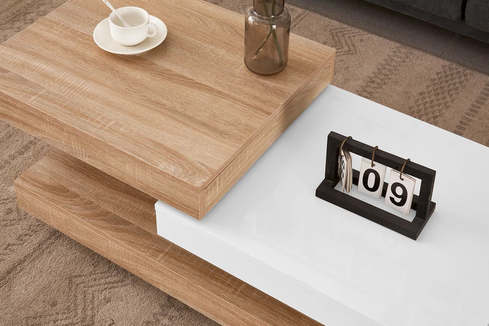 360° Rotating Coffee Table Rectangle w/LED Lights for Living Room