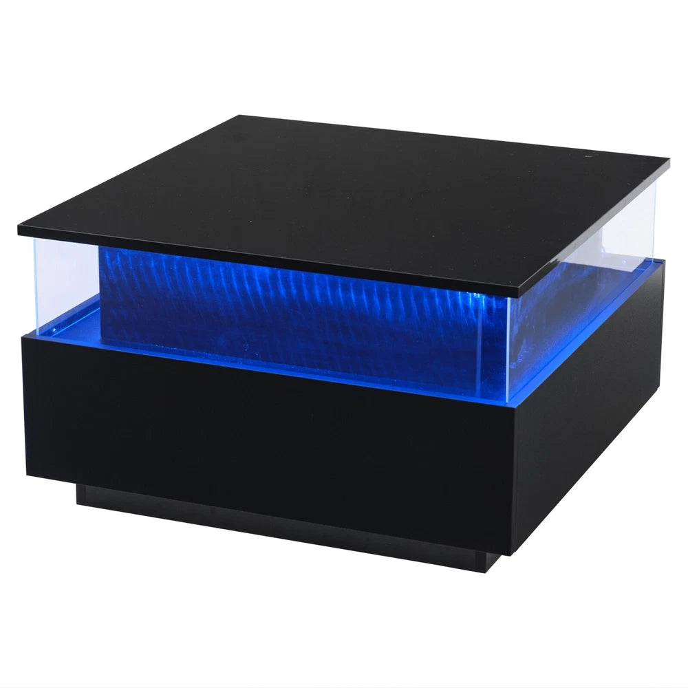 Coffee Table with LED Square High Gloss Black Storage Tea Table for Living Room
