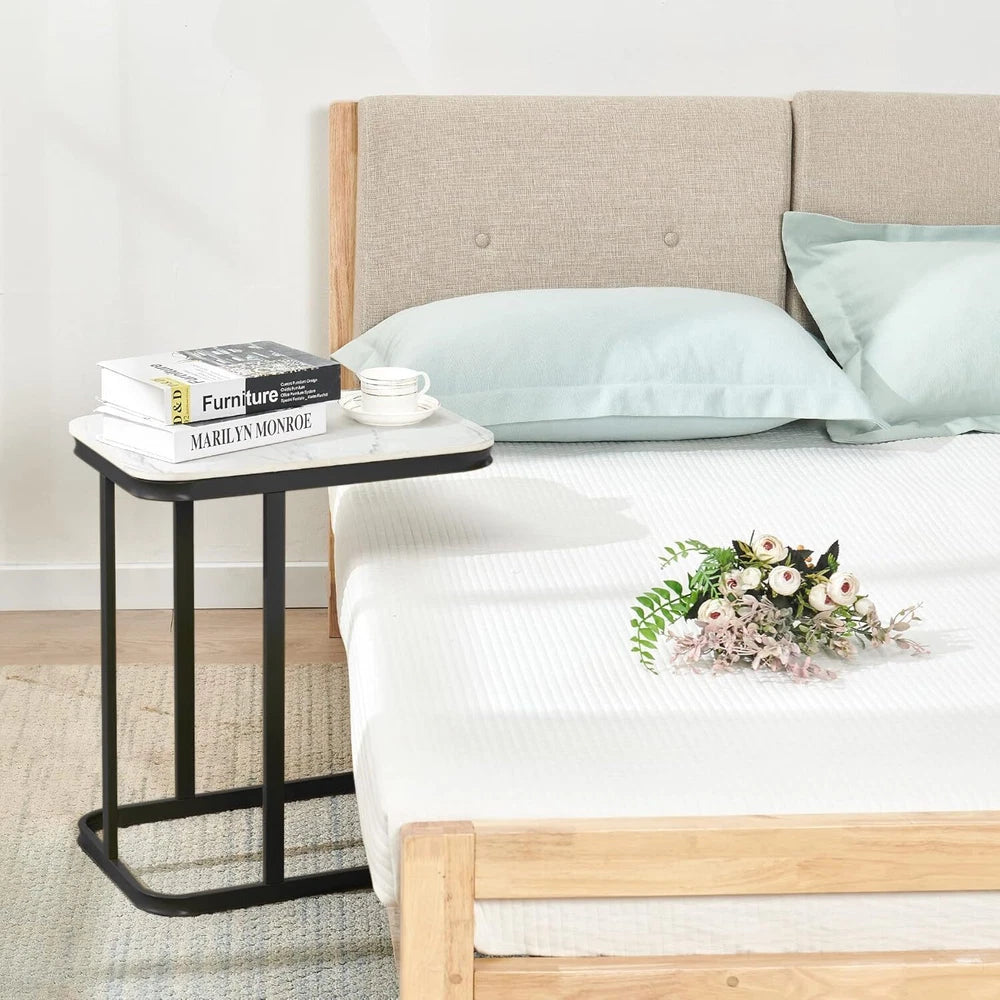 Side Table C Shaped Sofa End Table Coffee Snack Table w/ Metal Frame Couch Table