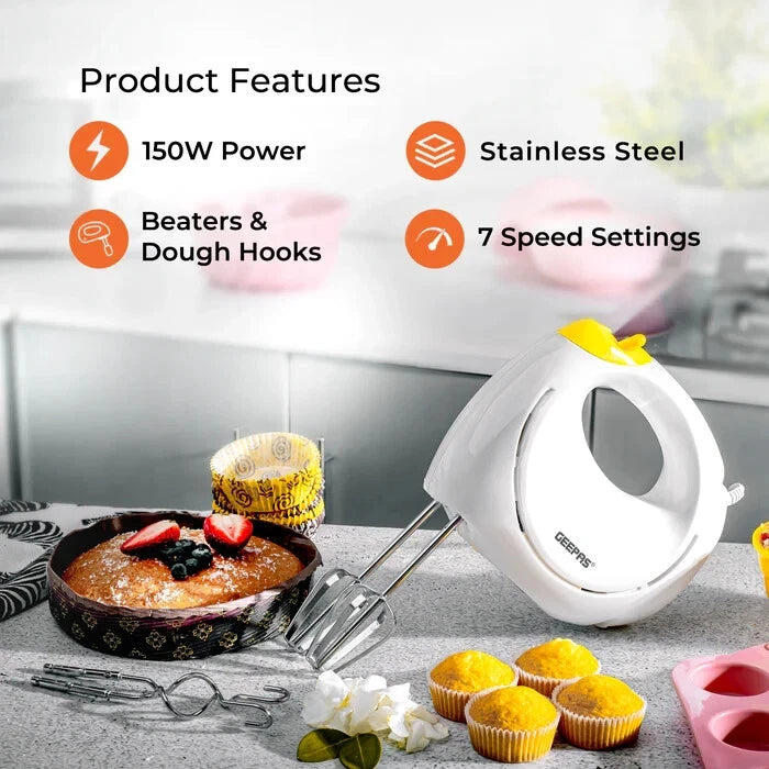 Geepas Electric Hand Food Mixer 7 Speeds & Turbo With Egg Beaters & Dough Hooks