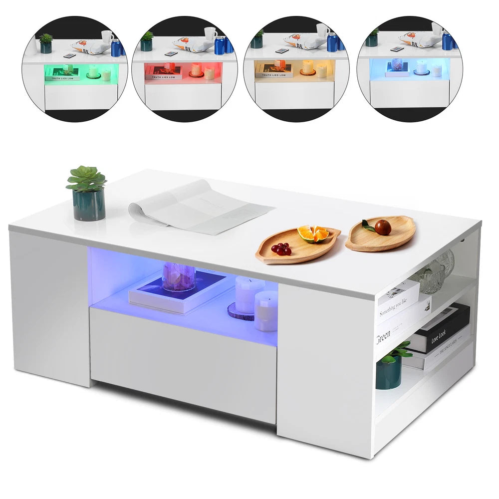 High Gloss LED Coffee Table With Storage Wooden 2 Drawer Living Room Furniture