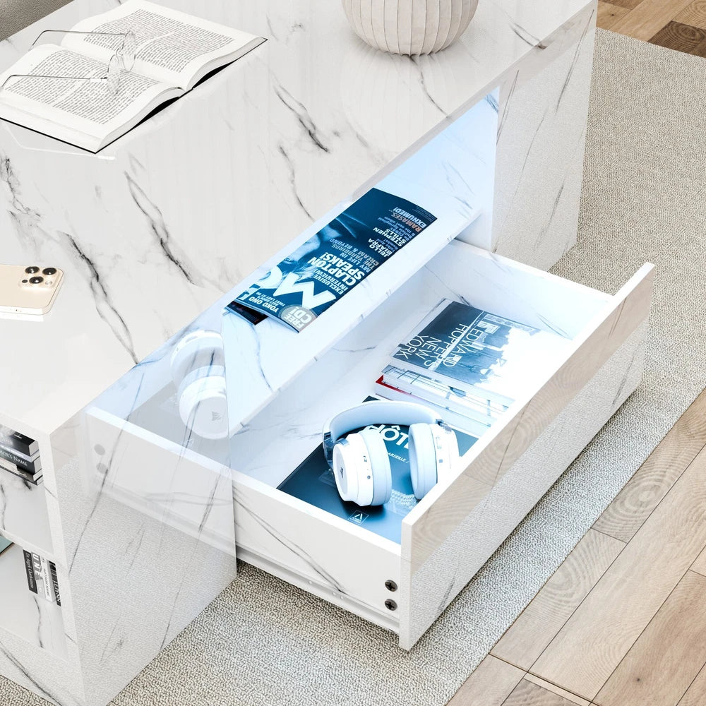 LED Coffee Table Wooden 2 Drawer Storage High Gloss Modern Living Room Furniture