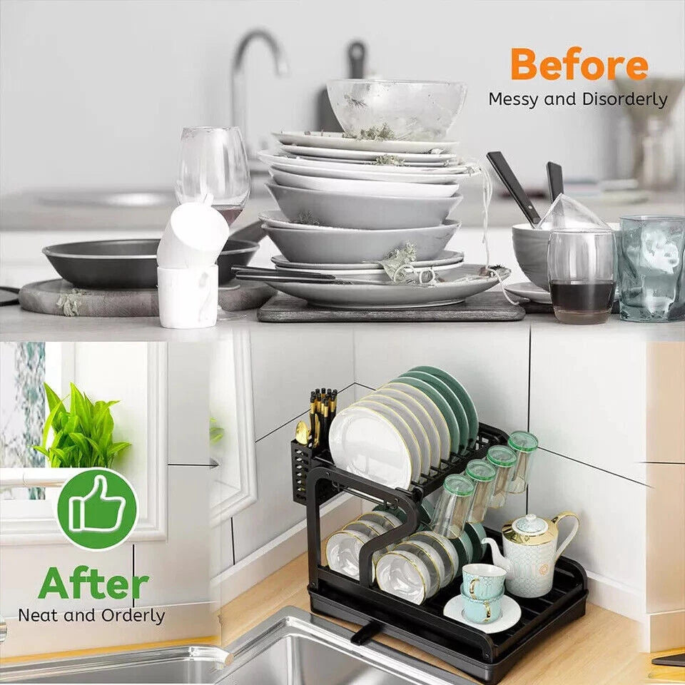 2 Tier Kitchen Sink Dish Drainer Rack With Drip Tray Cutlery Holder Plate Rack