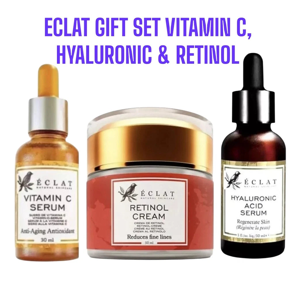 Eclat Retinol Cream, Vitamin C & Hyaluronic Acid Serums Skincare Gift Set Of 3