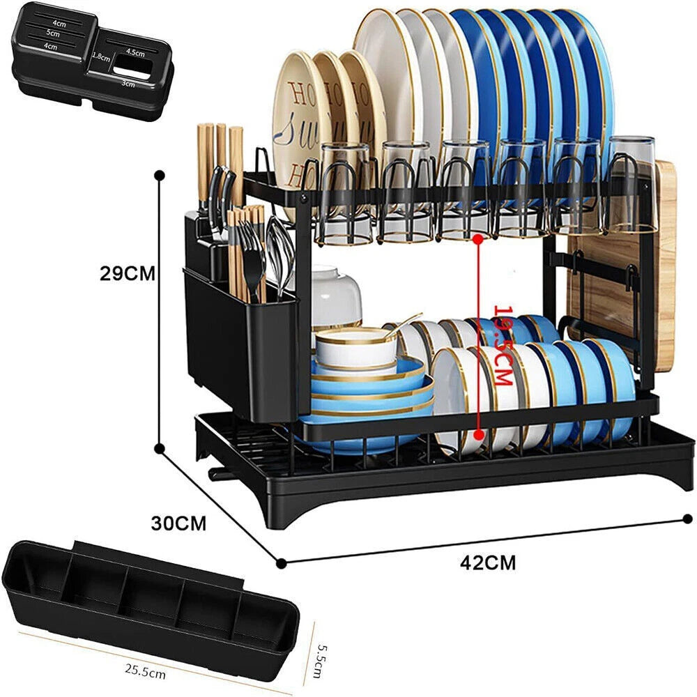 2 Tier Dish Drainer Rack With Drip Tray Kitchen Drying Rack Bowl Plate Holder UK