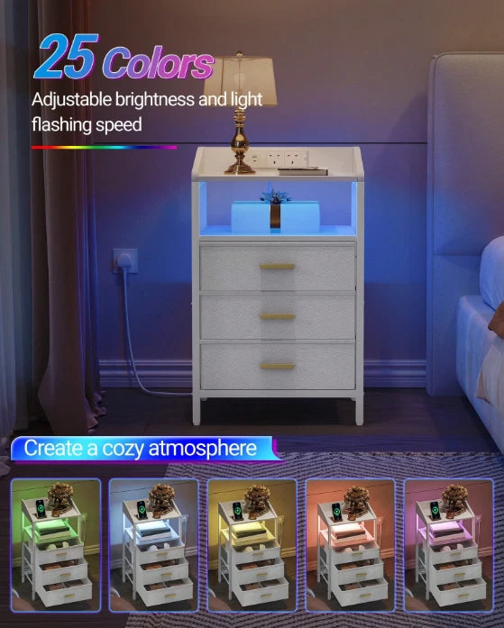Bedside Table White LED Cabinets 3 Drawers Nightstand Bedroom W/Charging Station