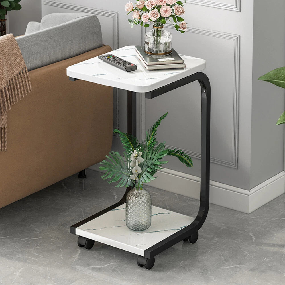 C-Shaped Compact Sofa Side End Table Coffee Laptop Table Living Room W/ Wheels