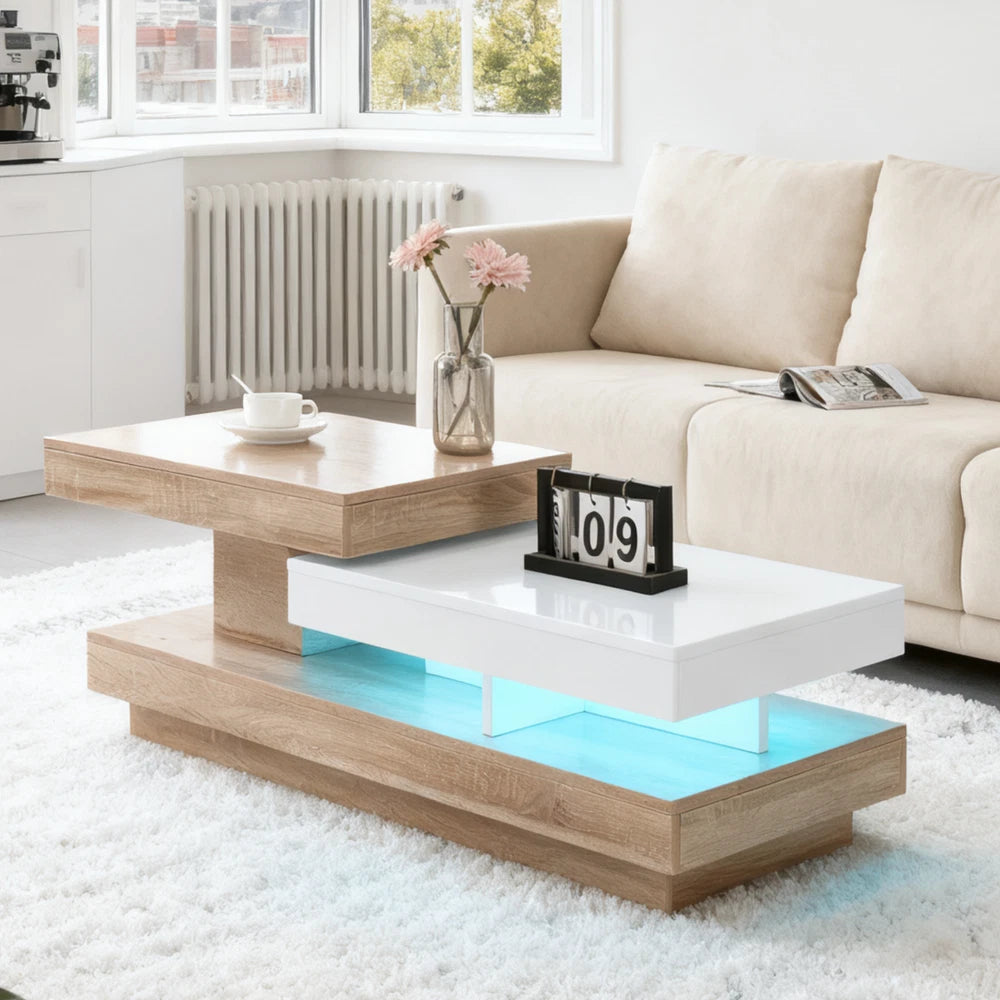 360° Rotating Coffee Table Rectangle w/LED Lights for Living Room