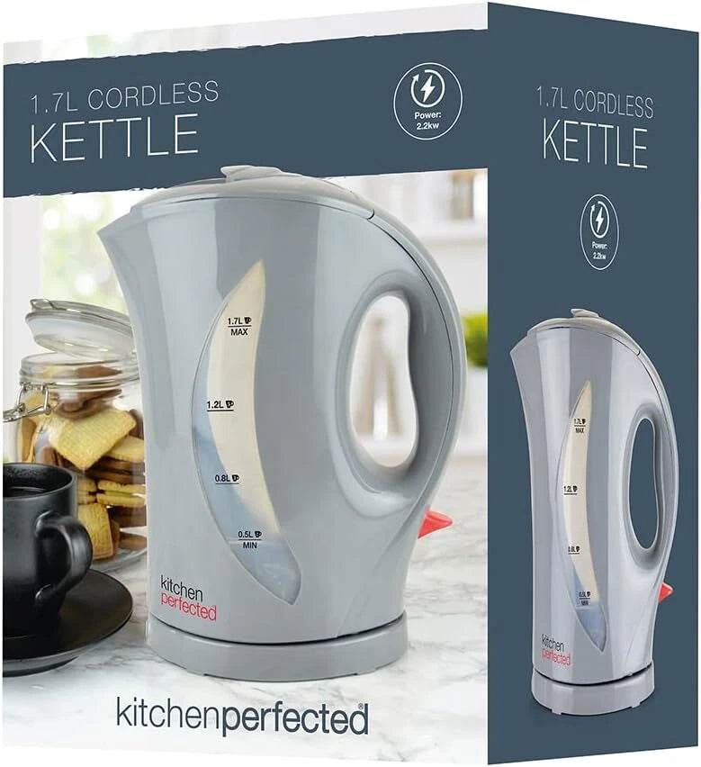 Grey Cordless Electric Kettle 1.7 Litre Jug 2200W Fast Boil Washable Filter
