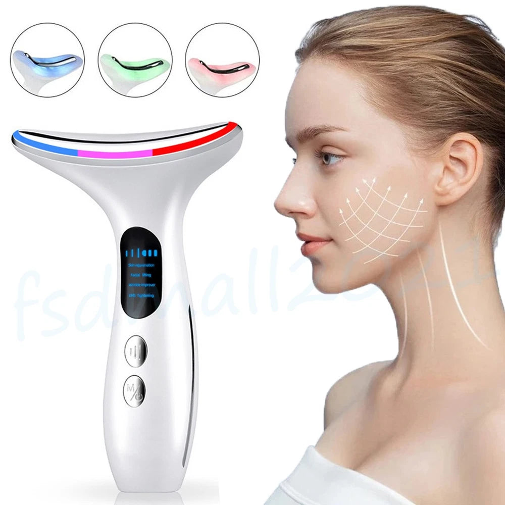 Microcurrent Face Lifting Neck Massager Anti Wrinkle LED Light Therapy Device UK