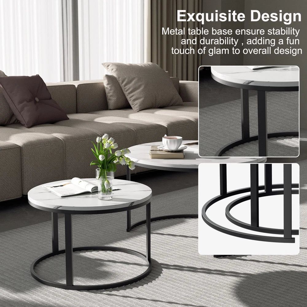 Set of 2 Nested Coffee Table Marble Effect Nesting Sofa Side Table Living Room