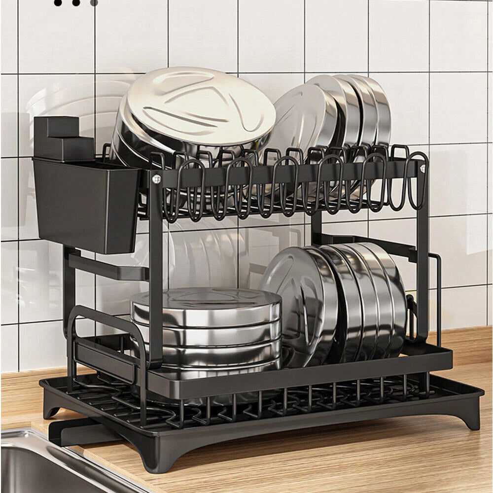 2 Tier Dish Drainer Rack With Drip Tray Kitchen Drying Rack Bowl Plate Holder UK