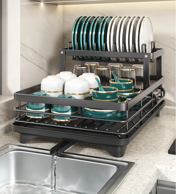 2 Tier Dish Drainer Rack Cutlery Holder Plate Rack Kitchen Sink with Drip Tray