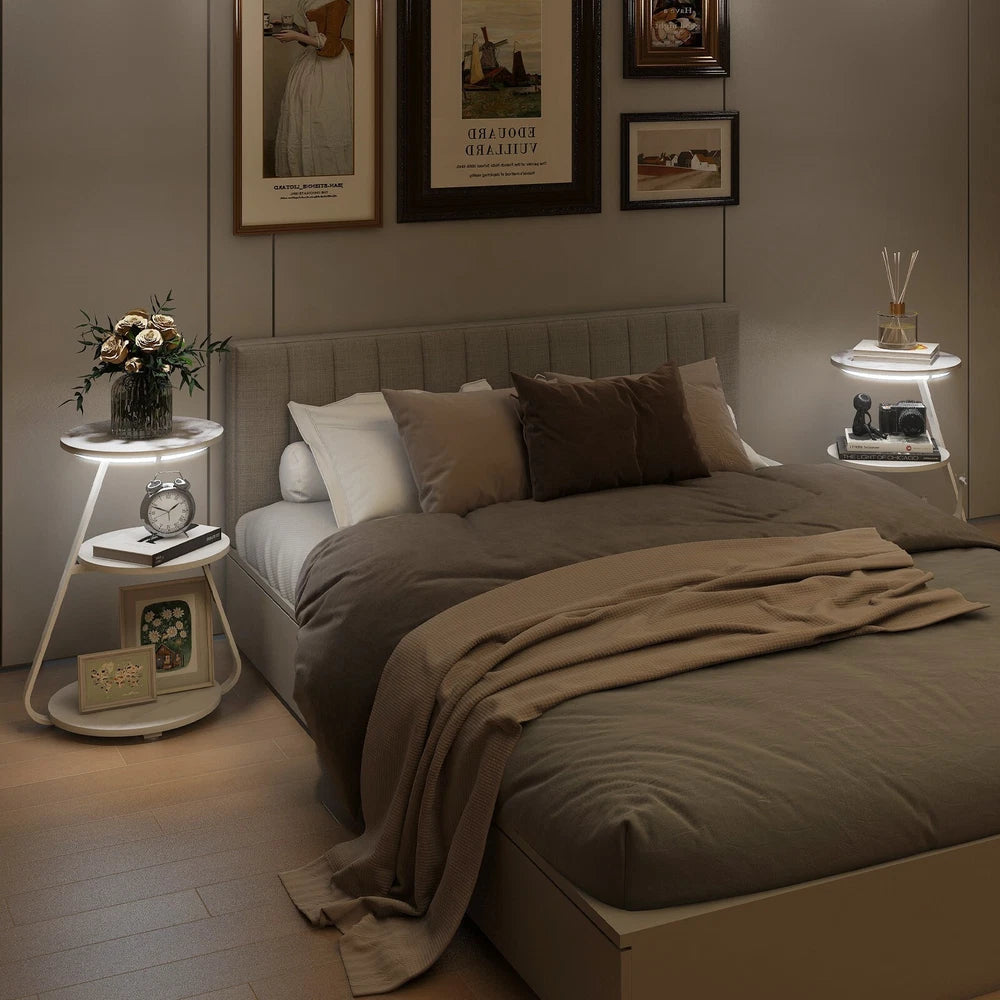 3-Tier Sofa Side Table LED Lighted Bedside Living Room End Table with Storage