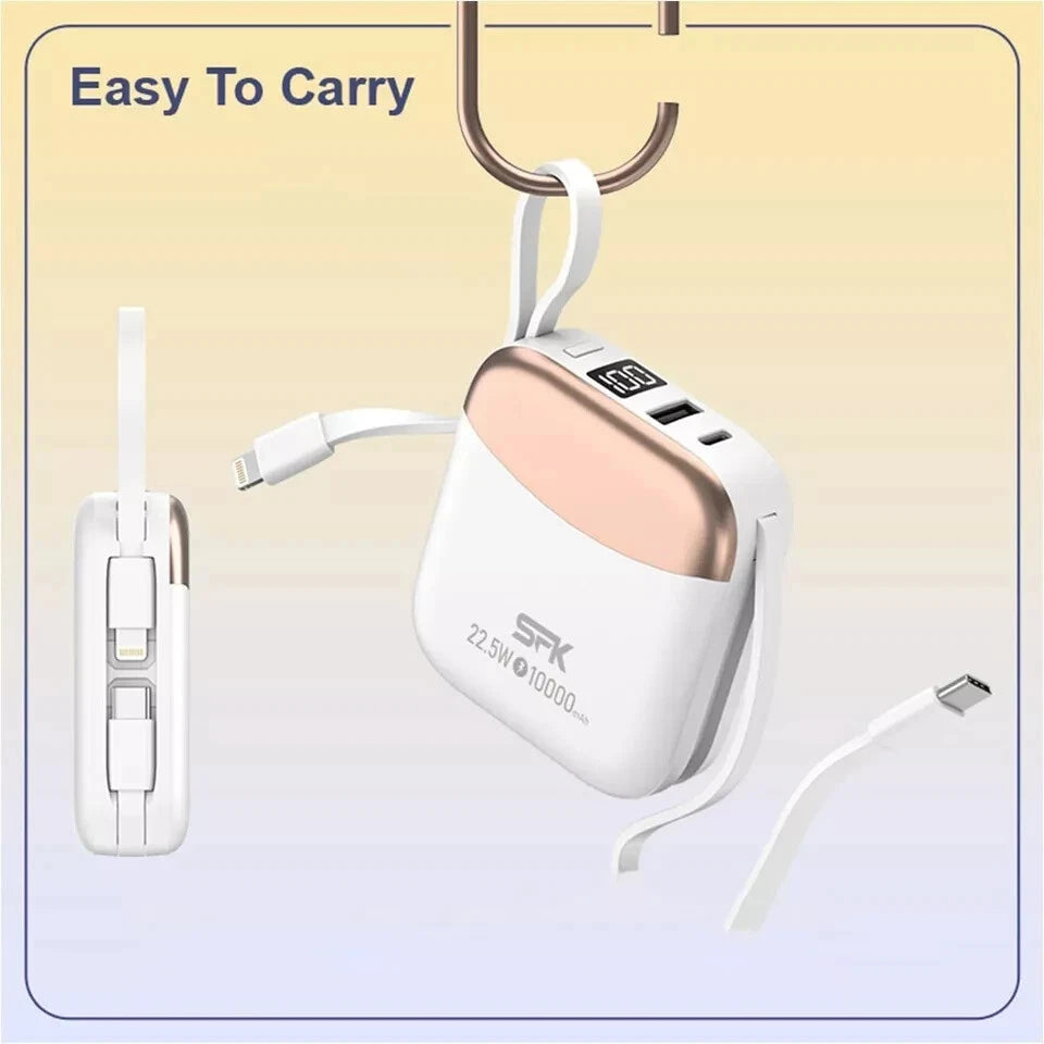 Mini portable Power Bank 10000mAh Charger Built-In USB-C Cable Fast Charge UK