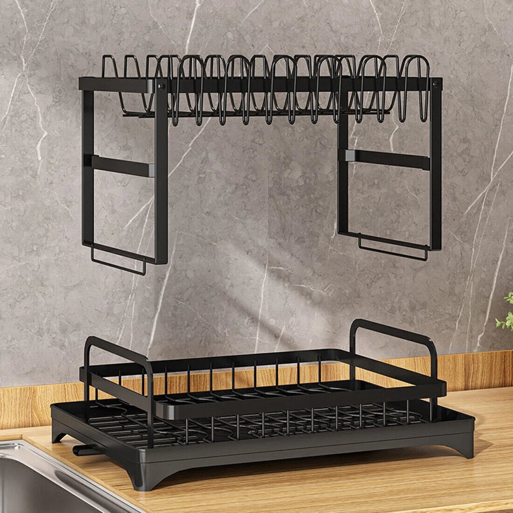 2 TIER KITCHEN SINK DISH DRAINER RACK WITH DRIP TRAY CUTLERY HOLDER PLATE RACK