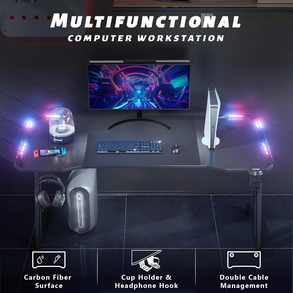LED Gaming Desk with Power Outlets and Monitor Stand 100 x 60cm Black
