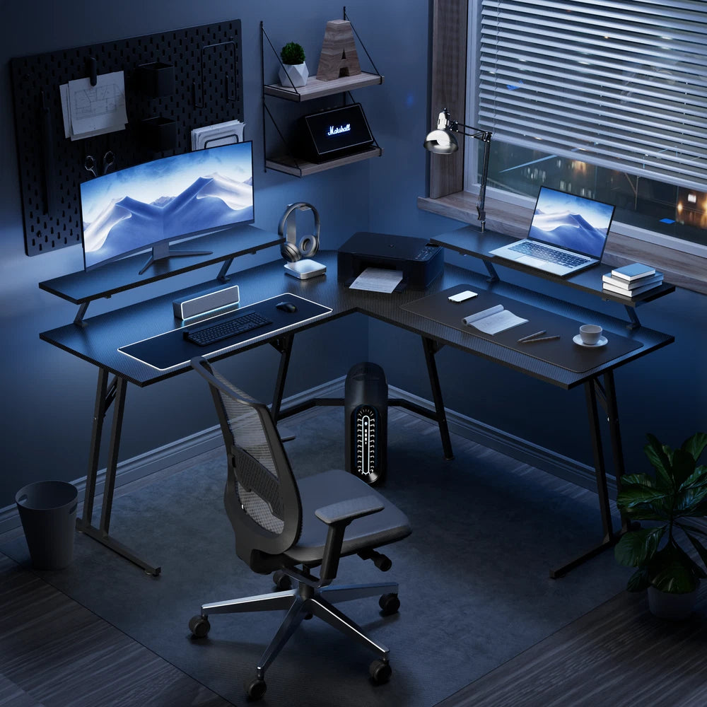 L Shaped Gaming Desk with LED Lights, Computer Desk with Monitor Stand, Black
