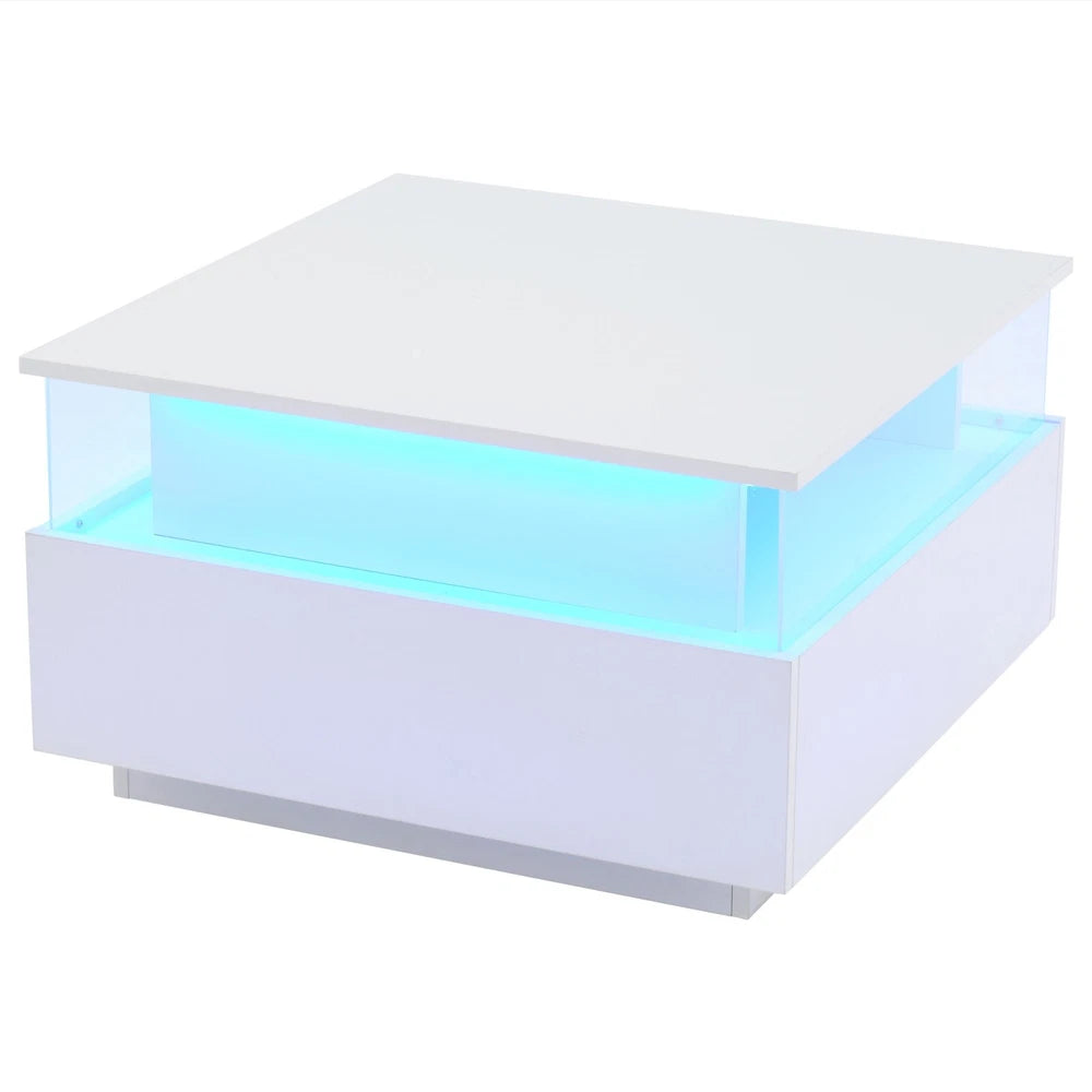 Coffee Table with LED Square High Gloss White Storage Tea Table for Living Room